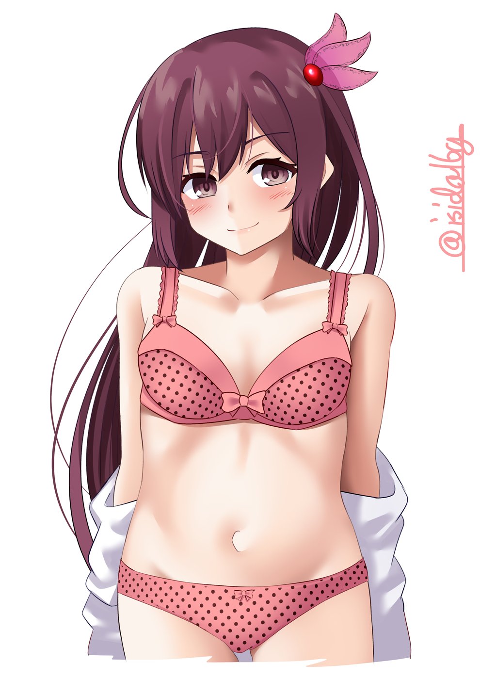 breasts, brown_eyes, brown_hair, collarbone, cowboy_shot, eyebrows_visible_through_hair, hair_between_eyes, highres, ishida_arata, kantai_collection, kisaragi_(kancolle), long_hair, long_sleeves, looking_at_viewer, navel, panties, pink_panties, shirt, shirt_aside, simple_background, small_breasts, smile, twitter_username, underwear, white_shirt