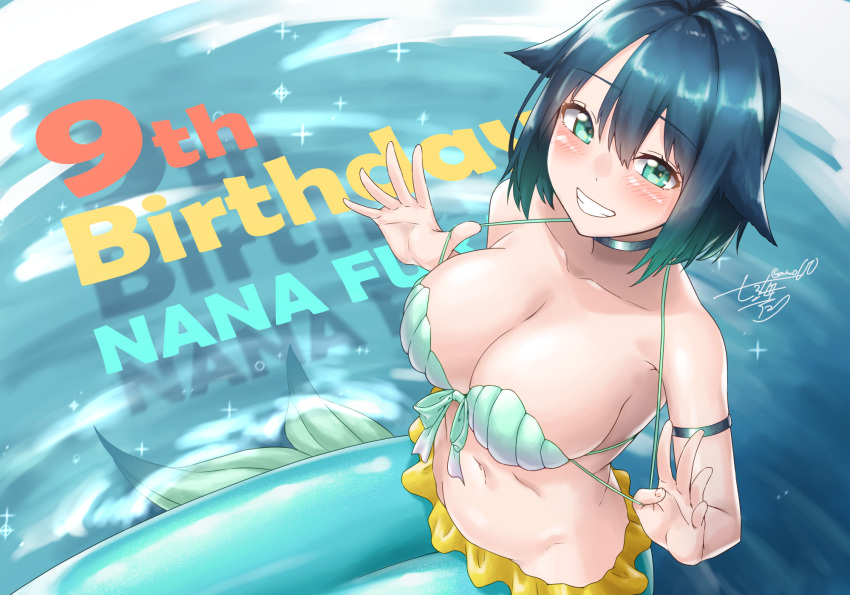 1girl, bangs, bikini, blue_hair, blush, breasts, character_name, choker