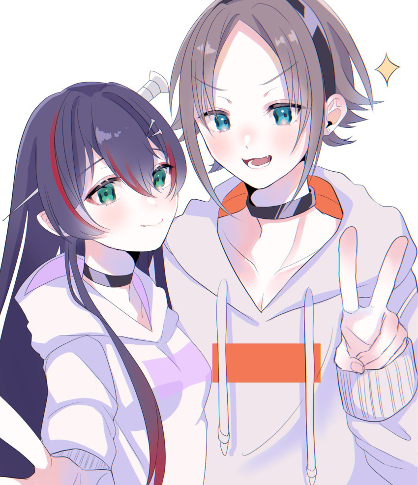 1boy, 1girl, bangs, black_choker, black_hair, breasts, brown_hair, choker, collarbone, eyeshadow, green_eyes, highres, hood, hoodie, kotori_yuu, looking_at_viewer, makeup, medium_breasts, mika_melatika, multicolored_hair, mysta_rias, nail, nijisanji, nijisanji_en, nijisanji_id, parted_bangs, pectoral_cleavage, pectorals, red_eyeshadow, redhead, smile, sparkle, streaked_hair, v, virtual_youtuber, white_background, white_hoodie