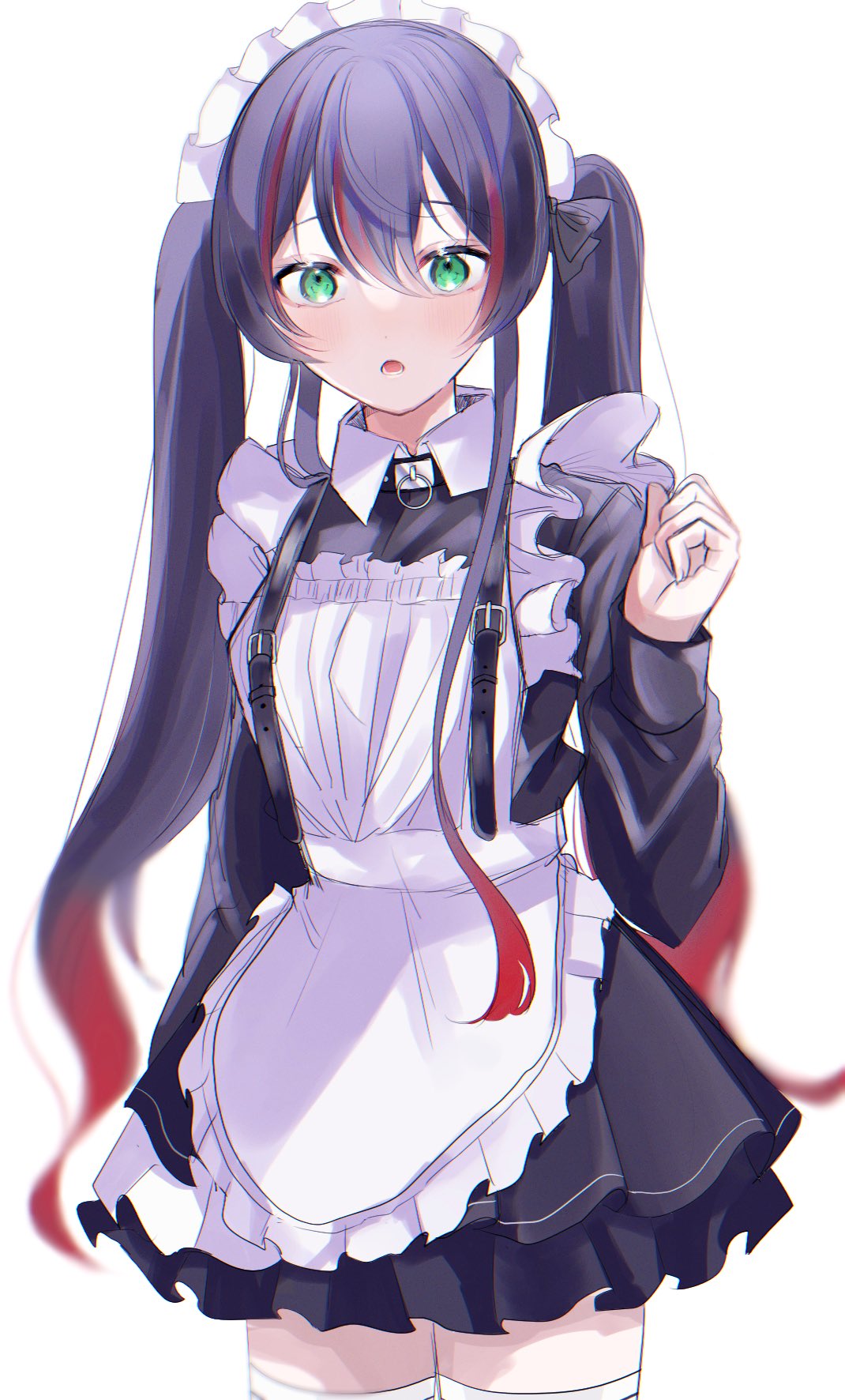 1girl, alternate_costume, alternate_hairstyle, apron, bangs, black_dress, black_hair, blush