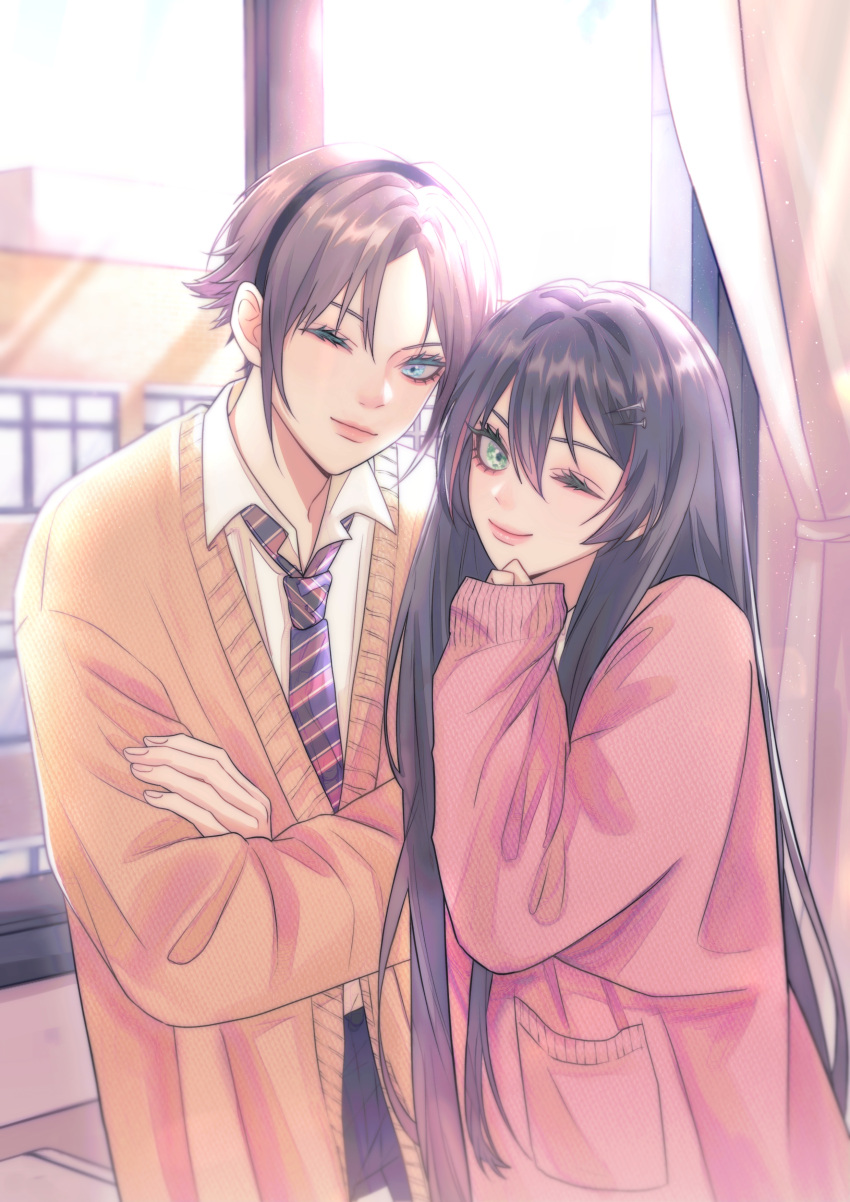1boy, 1girl, absurdres, alternate_costume, black_hair, black_hairband, brown_cardigan, cardigan