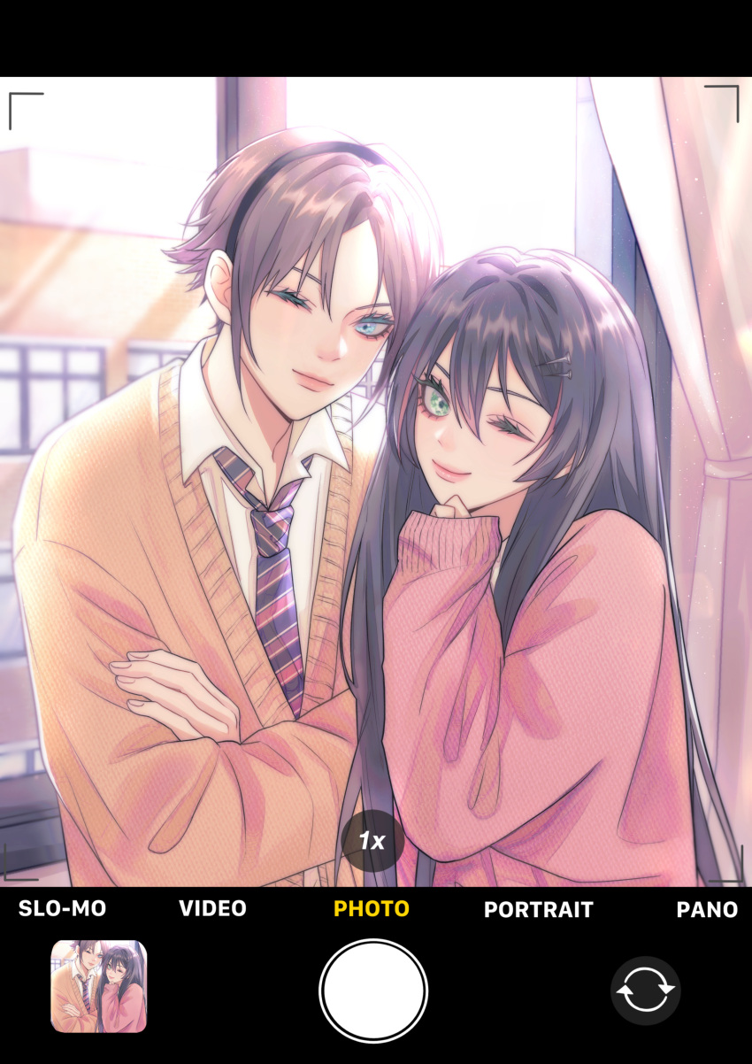 1boy, 1girl, absurdres, alternate_costume, black_hair, black_hairband, brown_cardigan, cardigan