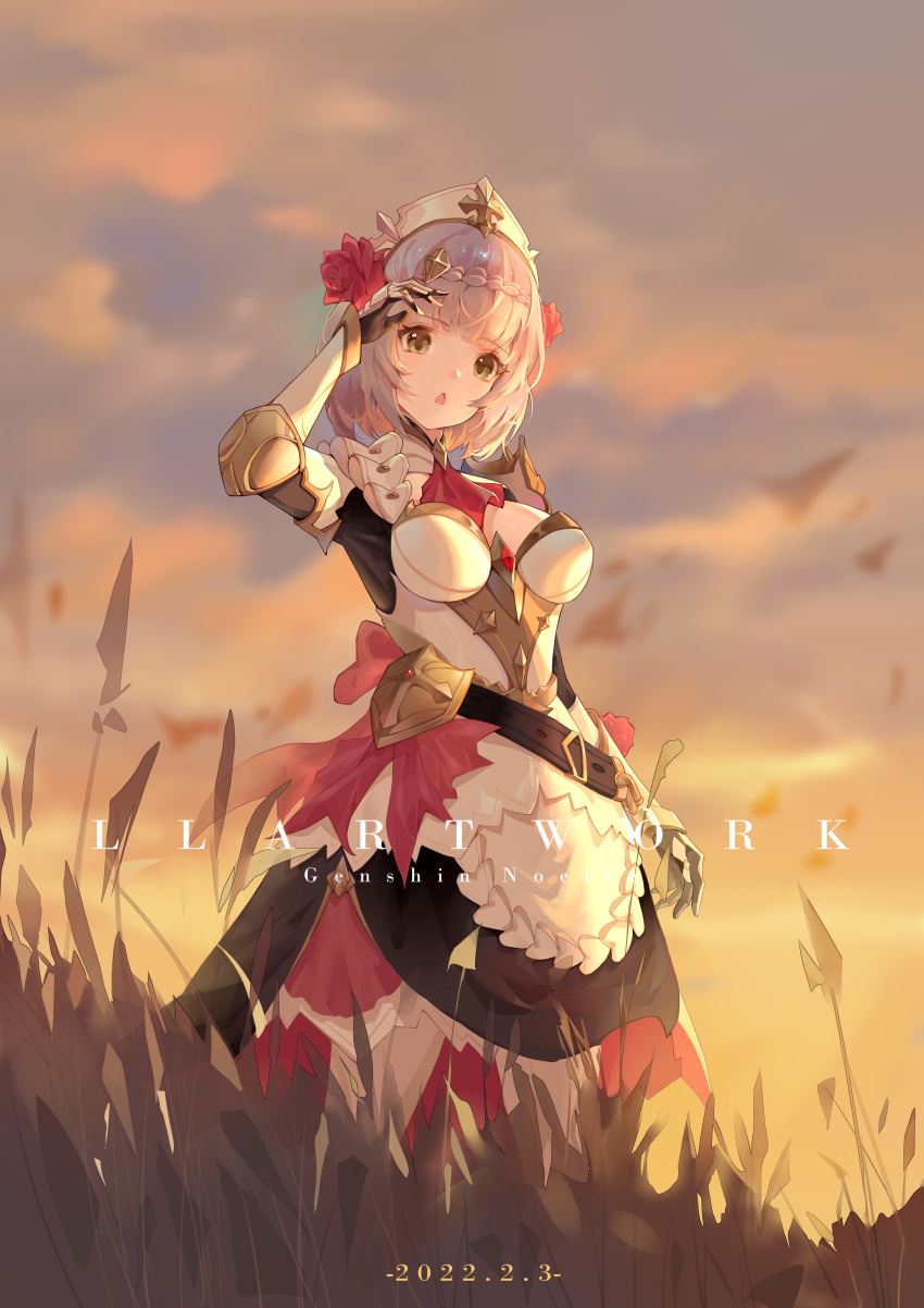 1girl, absurdres, apron, armor, armored_boots, boots, braid, breasts, commentary_request, eyebrows_visible_through_hair, flower, genshin_impact, grass, green_eyes, hair_flower, hair_ornament, hand_up, highres, lazy_dog_916513884, maid_apron, maid_headdress, medium_breasts, noelle_(genshin_impact), open_mouth, rose, short_hair, silver_hair, solo, sunset