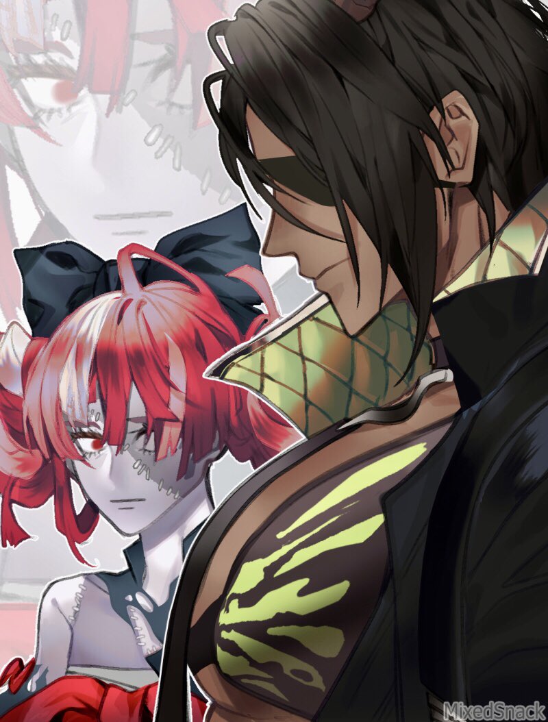 1boy, 1girl, aragami_oga, bandaged_chest, black_bow, black_dress, black_eyepatch, black_hair
