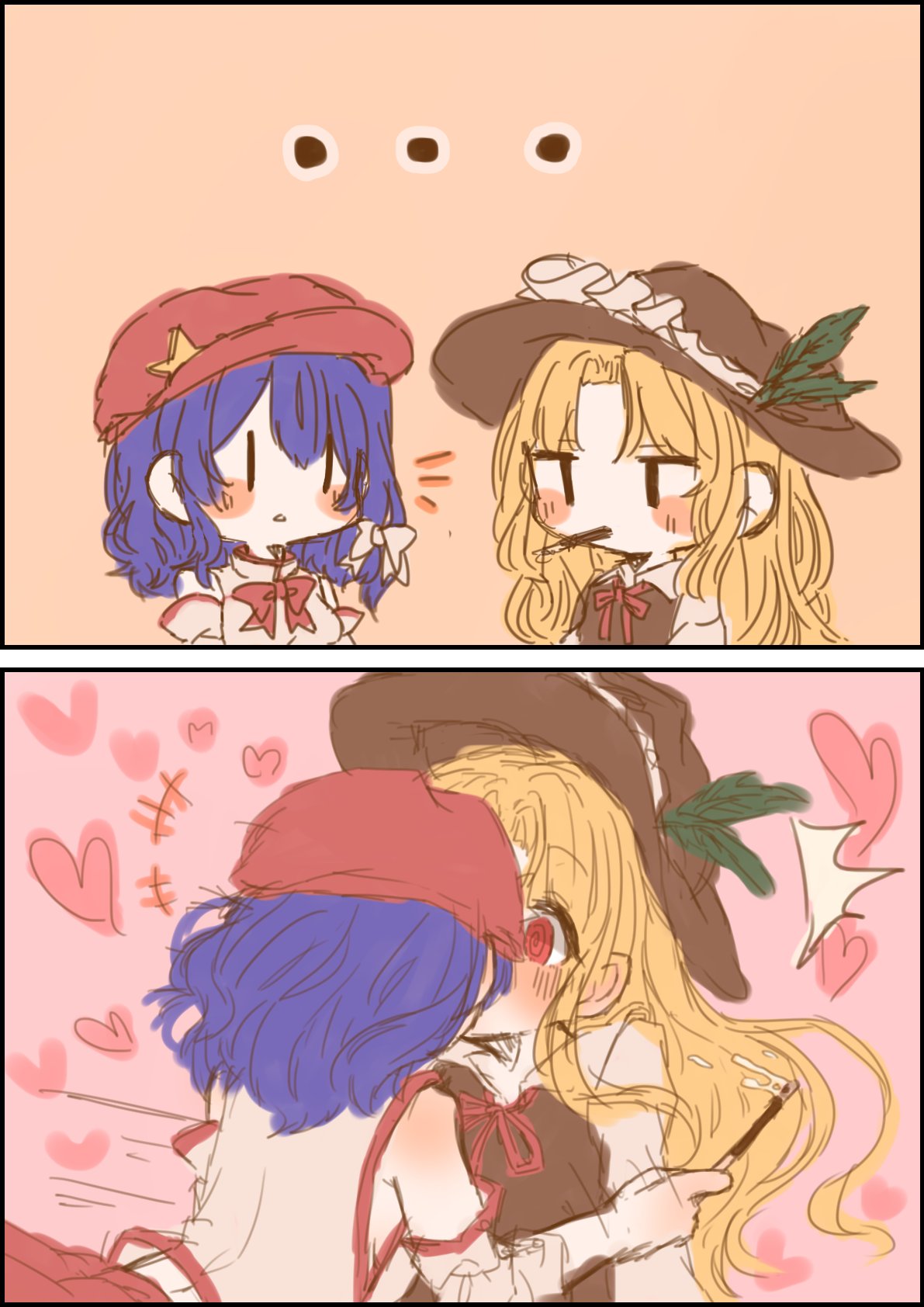 ..., 2girls, @_@, bare_shoulders, blonde_hair, blue_hair, blush, brown_headwear, brown_vest, cabbie_hat, chibi, collared_shirt, detached_sleeves, dolls_in_pseudo_paradise, flat_cap, food, frilled_hat, frills, hat, hat_feather, heart, highres, holding, holding_food, jacket_girl_(dipp), jitome, juliet_sleeves, label_girl_(dipp), laspberry., long_hair, long_sleeves, midriff, mouth_hold, multiple_girls, pocky, pocky_day, puffy_sleeves, red_eyes, red_headwear, red_ribbon, red_skirt, ribbon, shirt, short_hair, side_ponytail, skirt, touhou, vest, white_shirt, white_vest, yuri, |_|