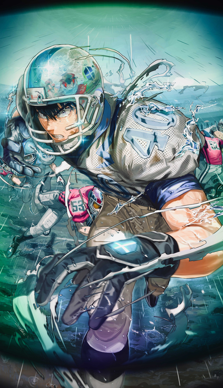 6+boys, absurdres, action, american_football, american_football_helmet, american_football_uniform, aura, bandaid