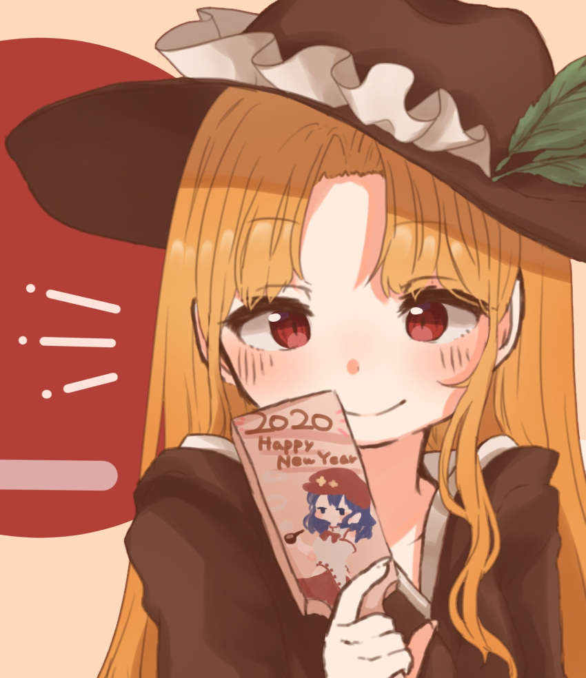1girl, 2020, adapted_costume, blonde_hair, blush, brown_headwear, brown_kimono, closed_mouth