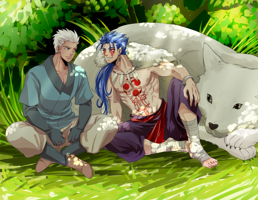 2boys, ankle_wrap, archer_(fate), ashitaka, ashitaka_(cosplay), blue_hair, chest_tattoo, cosplay