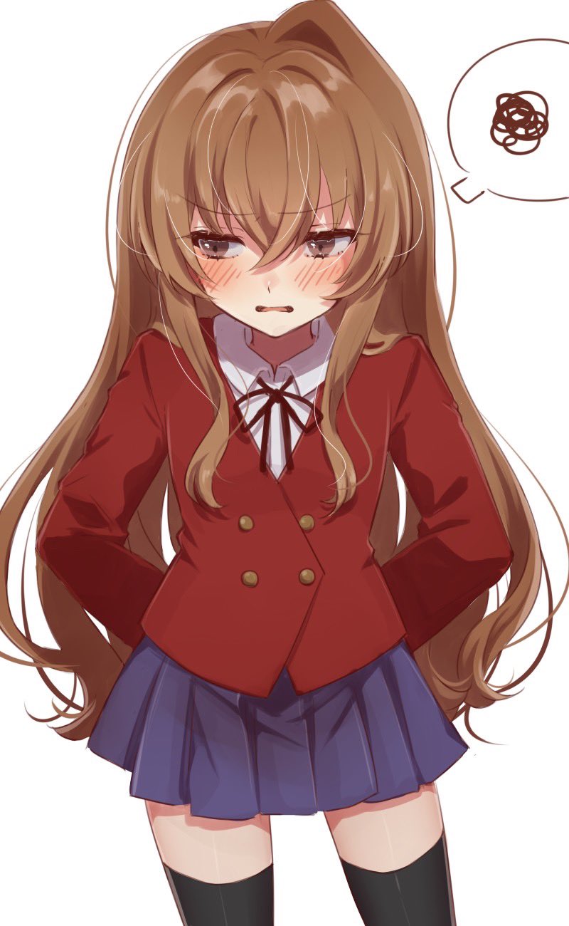 1girl, aisaka_taiga, arms_behind_back, bangs, black_legwear, black_ribbon, blazer, blue_skirt