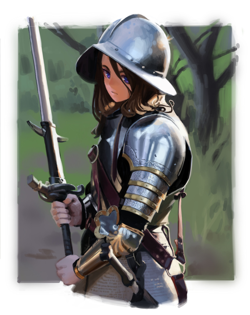 1girl, absurdres, armor, bangs, brown_hair, closed_mouth, commentary, cowboy_shot