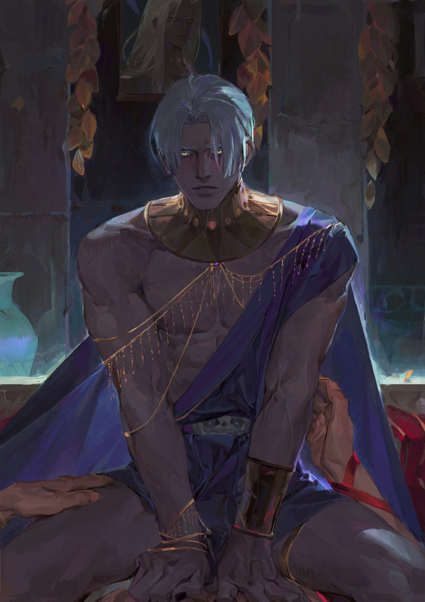 1boy, abs, bangs, between_legs, blush, bracelet, commentary, dark, feet_out_of_frame, gold, hades_(game), hand_between_legs, hands_on_another's_hips, highres, jewelry, lips, looking_at_viewer, male_focus, maple12031, muscular, muscular_male, nose, parted_bangs, parted_lips, short_hair, sitting, solo_focus, spread_legs, symbol-only_commentary, thanatos_(hades), white_hair, yellow_eyes