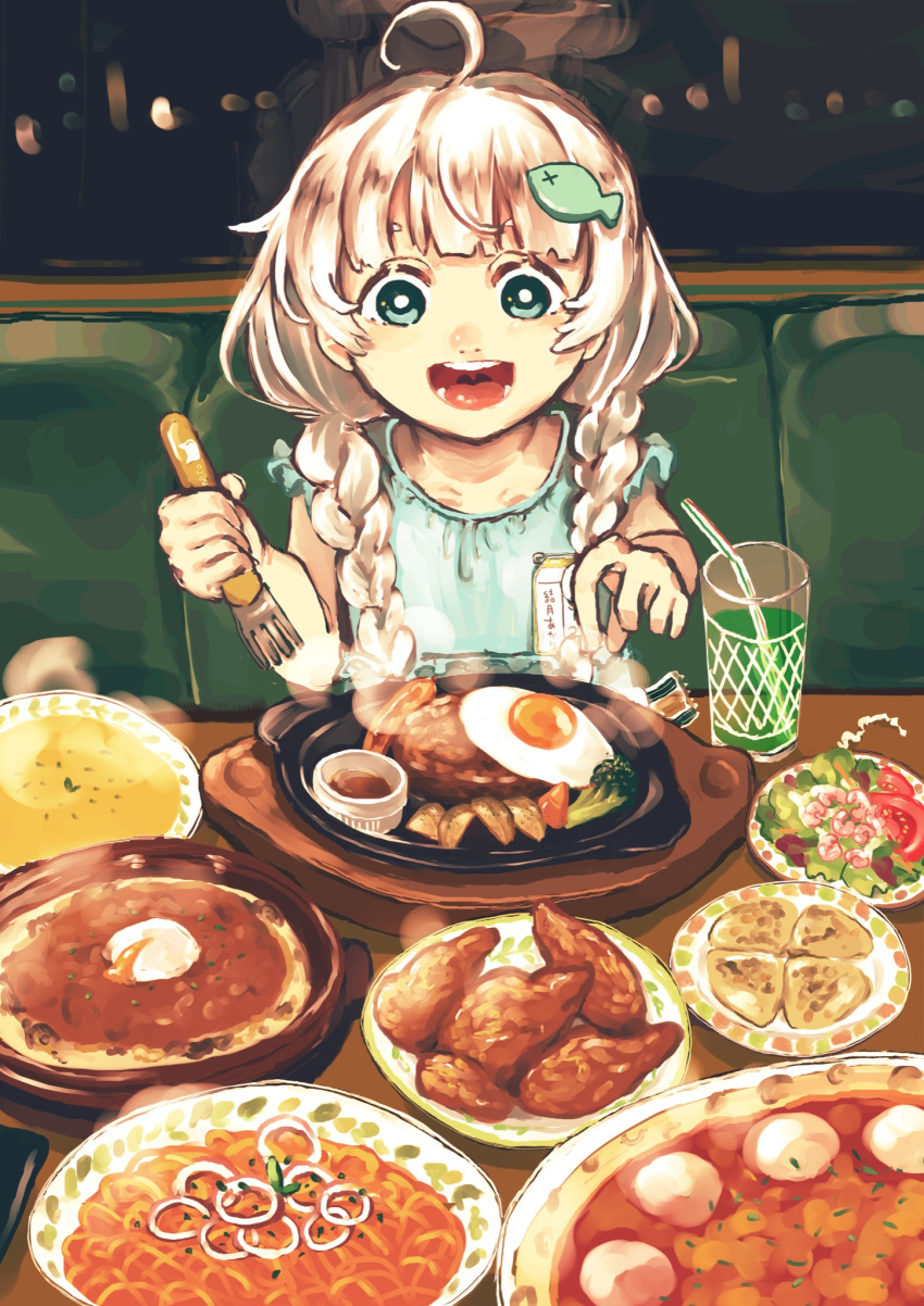 1girl, aqua_dress, aqua_eyes, blurry, blurry_background, bokeh, booth_seating, braid