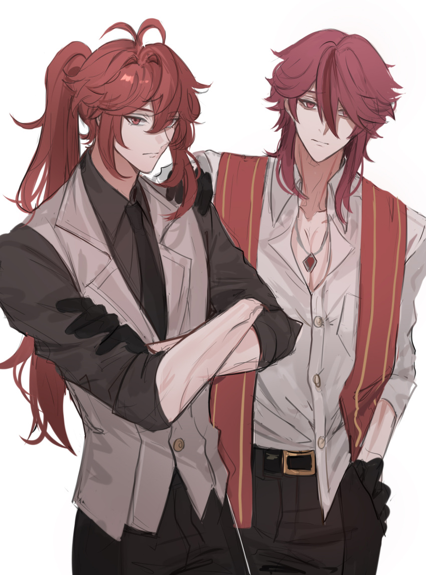 2boys, alternate_costume, antenna_hair, bangs, black_gloves, black_necktie, black_pants, black_shirt