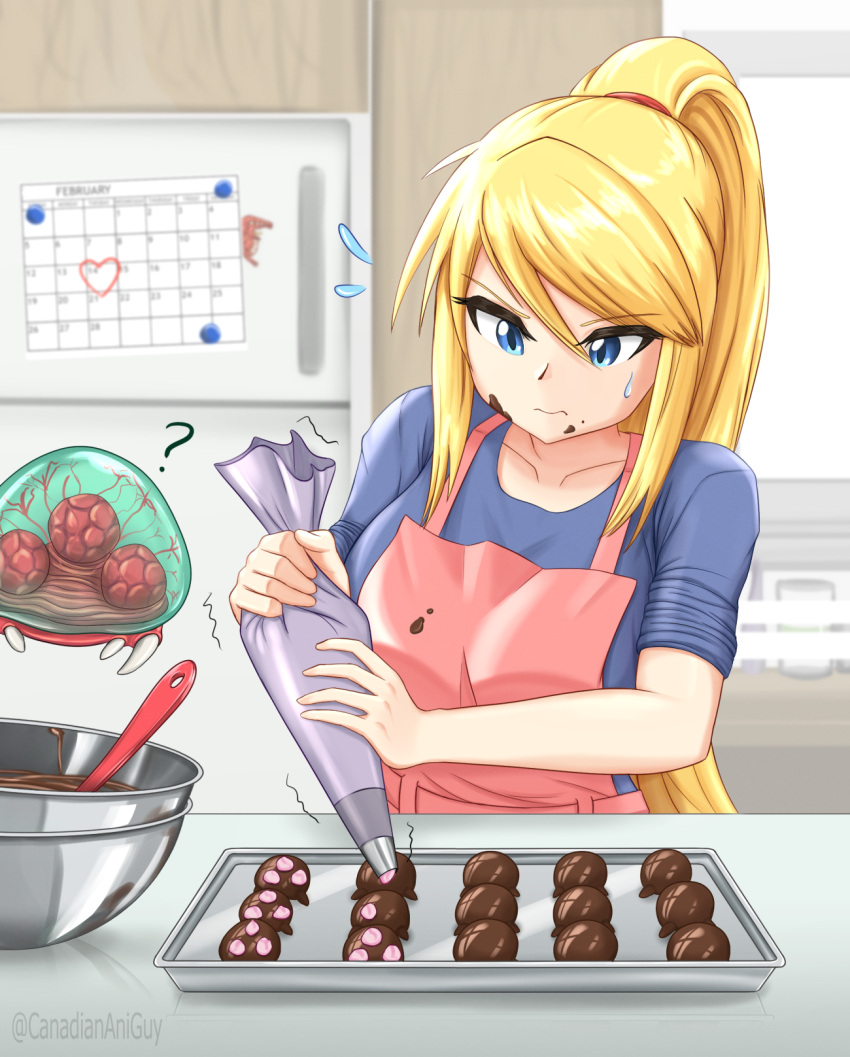 1girl, ?, apron, blonde_hair, blue_eyes, blue_shirt, calendar_(object), canadiananiguy