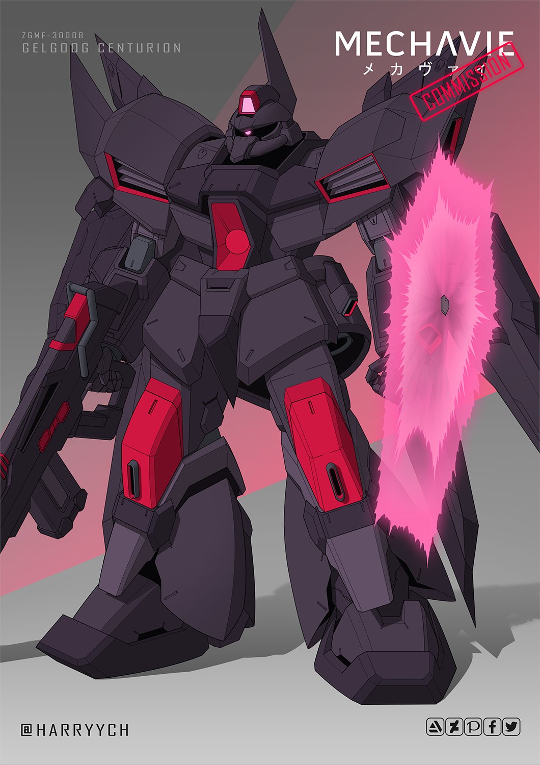 character_name, clenched_hand, commission, energy_barrier, energy_shield, gelgoog, gun, gundam