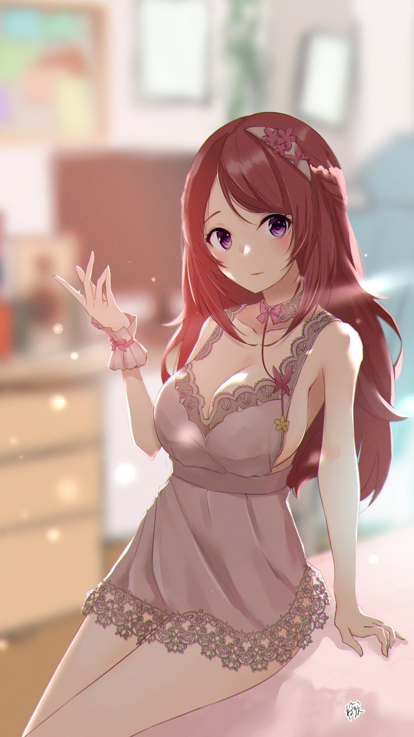 1girl, absurdres, alternate_costume, bangs, bed, blurry, blurry_background, blush, brown_dress, brown_hair, commission, dress, english_commentary, eyebrows_behind_hair, highres, indie_virtual_youtuber, lingerie, long_hair, looking_to_the_side, negligee, neve, nina_saotome, on_bed, second-party_source, sitting, skeb_commission, smile, solo, underwear, violet_eyes, virtual_youtuber