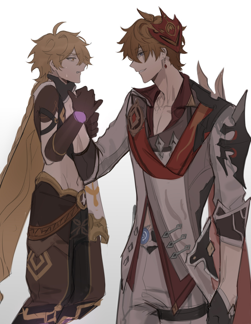 2boys, absurdres, asphyxiation, bangs, black_gloves, blonde_hair, blue_eyes, braid, brown_gloves, choke_hold, earrings, eye_contact, from_side, genshin_impact, gloves, gradient, gradient_background, ha_ze, hair_between_eyes, height_difference, highres, jacket, jewelry, long_hair, looking_at_another, male_focus, mask, mask_on_head, multiple_boys, neck_hold, pants, parted_lips, profile, red_scarf, scarf, simple_background, single_braid, single_earring, strangling, sweat, tartaglia_(genshin_impact), vision_(genshin_impact), white_background, yellow_eyes