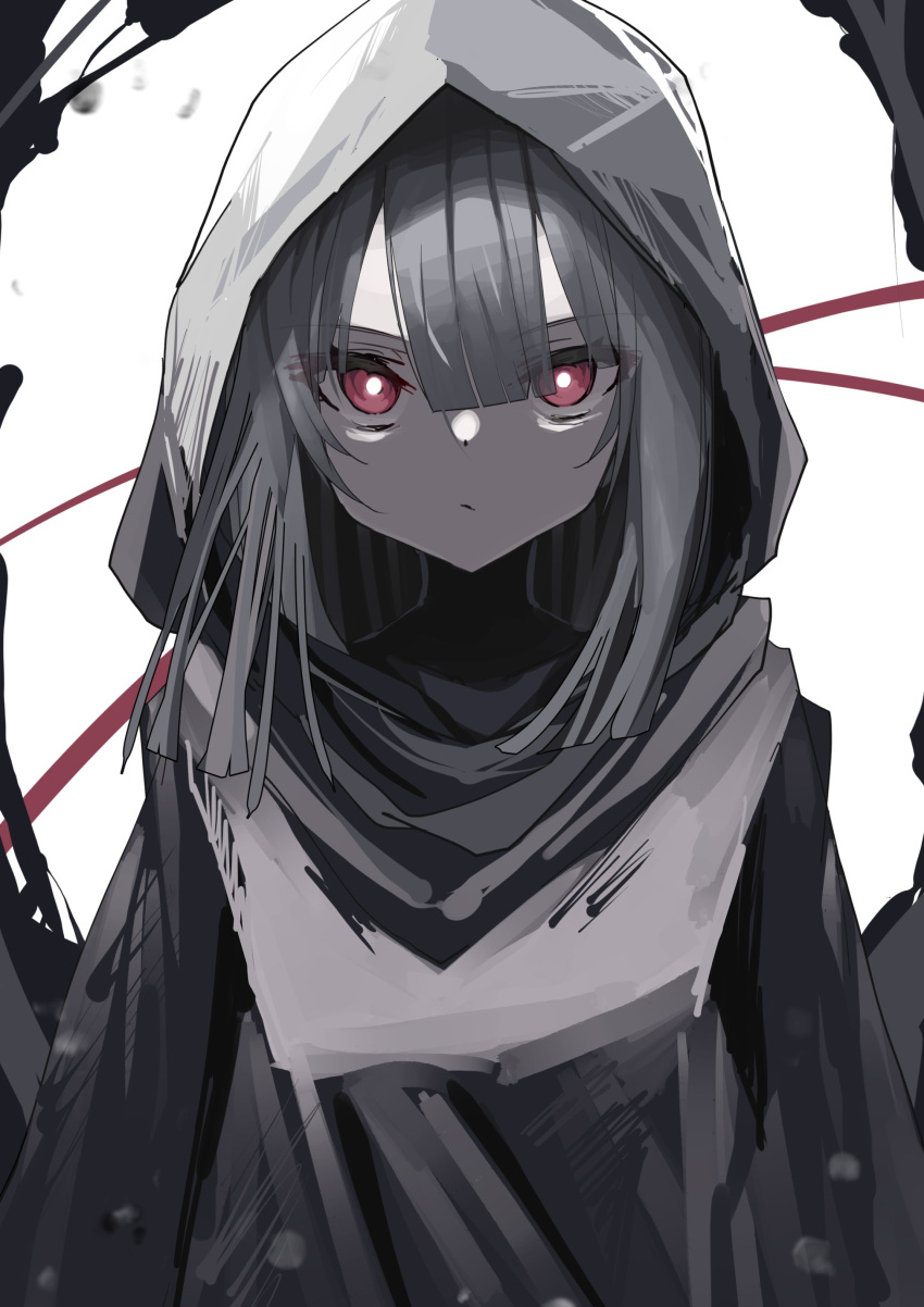1girl, absurdres, black_hair, closed_mouth, commentary_request, expressionless, eyebrows_visible_through_hair, girls_frontline, hair_between_eyes, highres, hood, isomer_(girls'_frontline), jacket, kamiya_mitobe, long_hair, looking_at_viewer, nyto_(girls'_frontline), paradeus, red_eyes, solo, upper_body