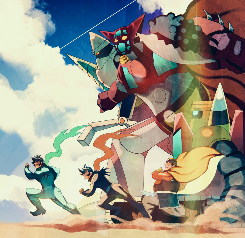 3boys, axe, black_hair, cape, crossed_arms, drill, from_side, getter-1