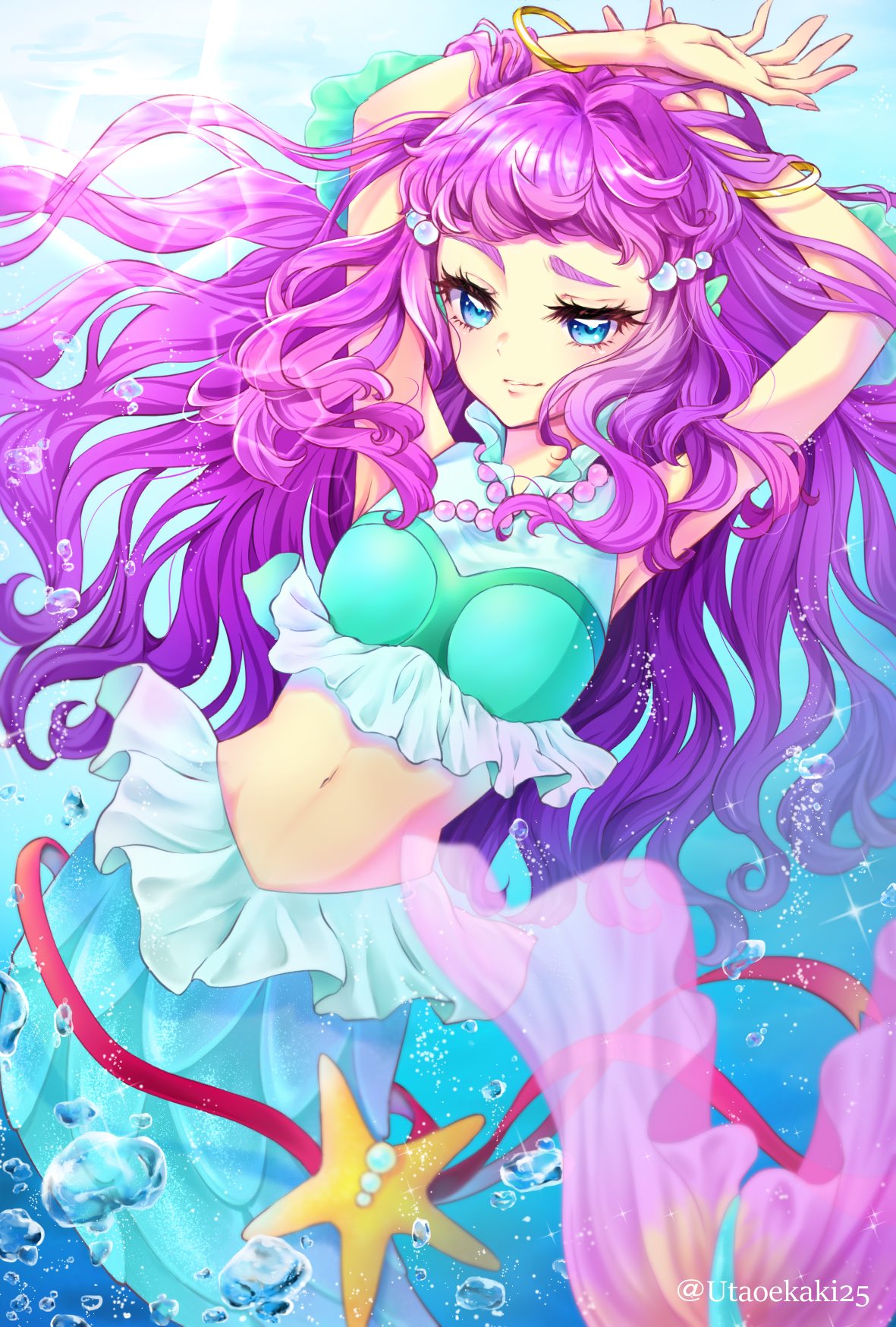 1girl, air_bubble, aqua_blouse, bracelet, breasts, bubble, eyebrows, frilled_shirt