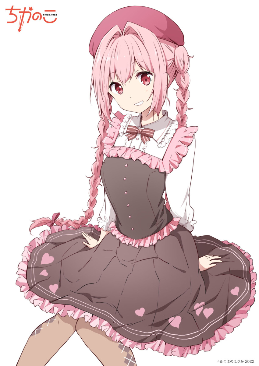 1girl, argyle, argyle_legwear, arm_support, bangs, beret, black_dress, bow