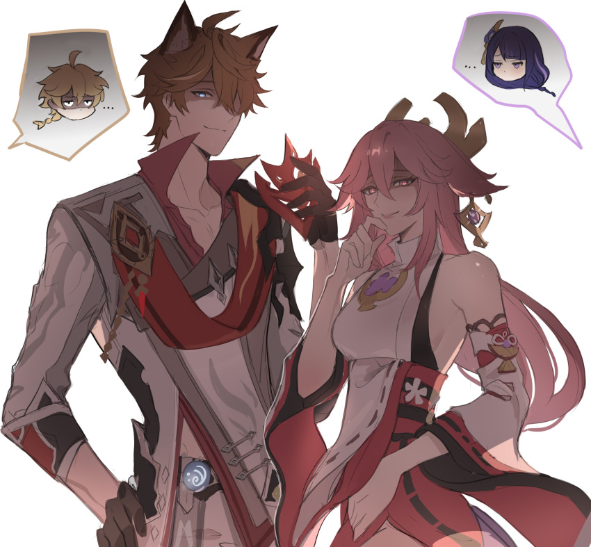 ..., 2boys, 2girls, absurdres, aether_(genshin_impact), animal_ears, bangs, black_gloves