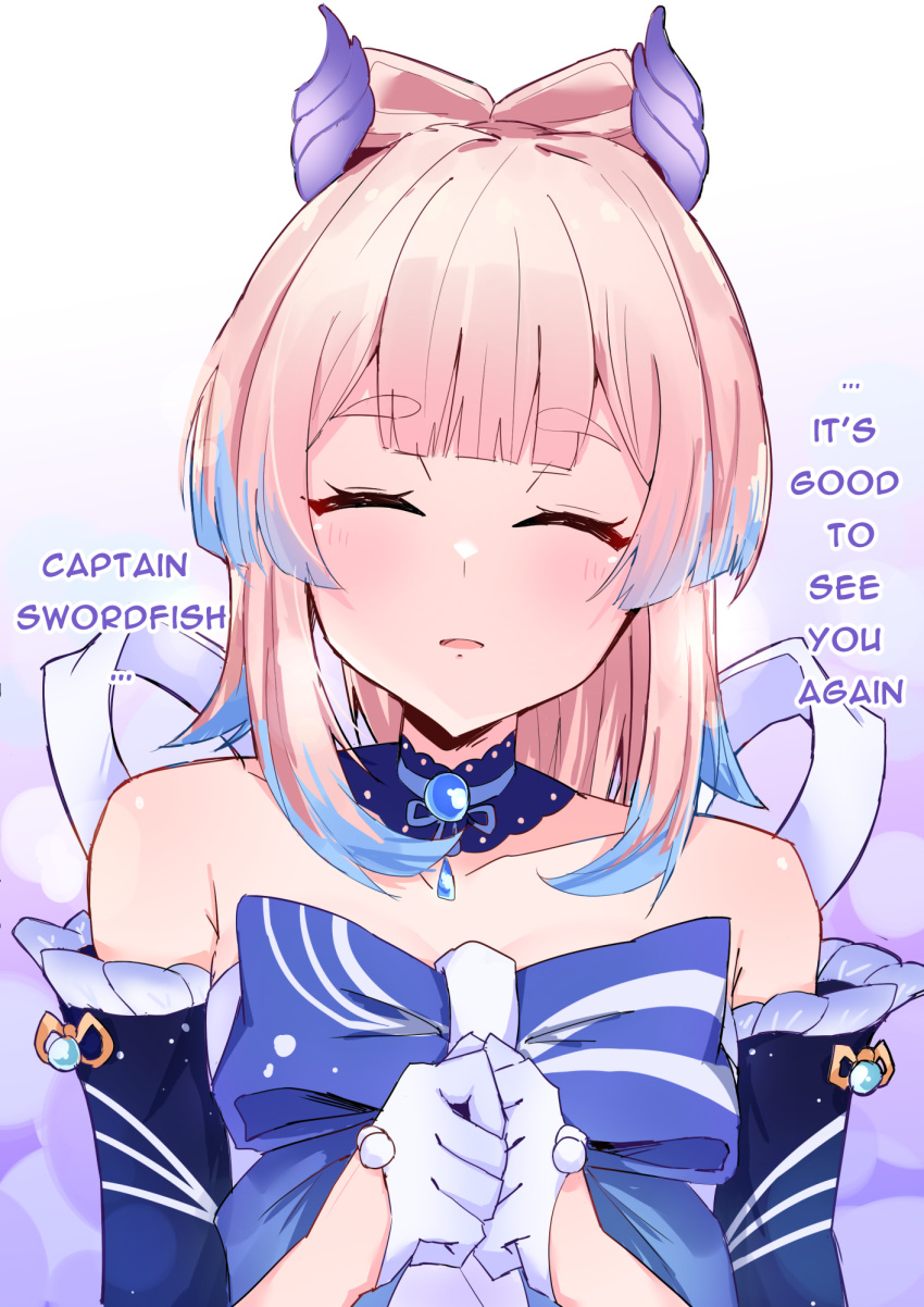 1girl, ^_^, bangs, bare_shoulders, blunt_bangs, blush, bow, bowtie