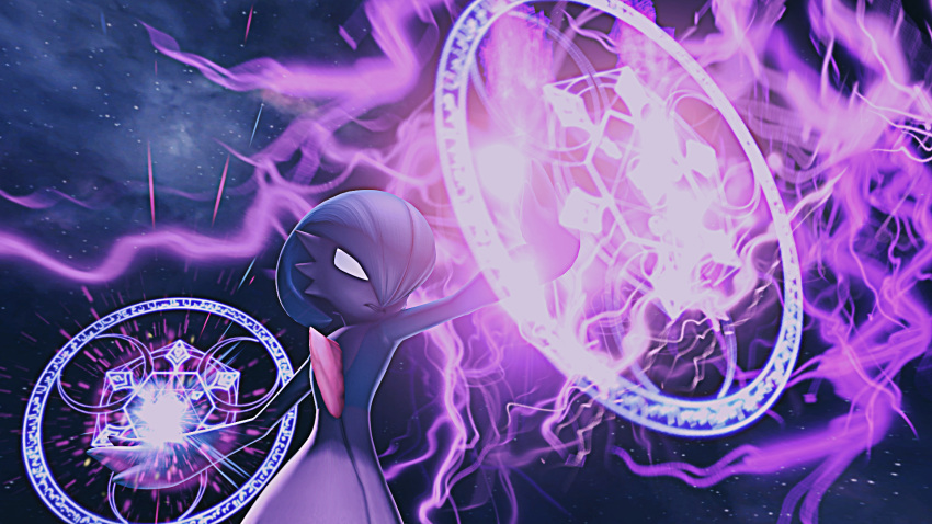 alternate_color, clouds, commentary_request, english_commentary, gardevoir, hexagram, highres, magic, magic_circle, mixed-language_commentary, moonblast_(pokemon), night, night_sky, no_humans, open_mouth, outdoors, pokemon, shiny_pokemon, sky, solo, star_(sky), starry_sky, tsuriadragon