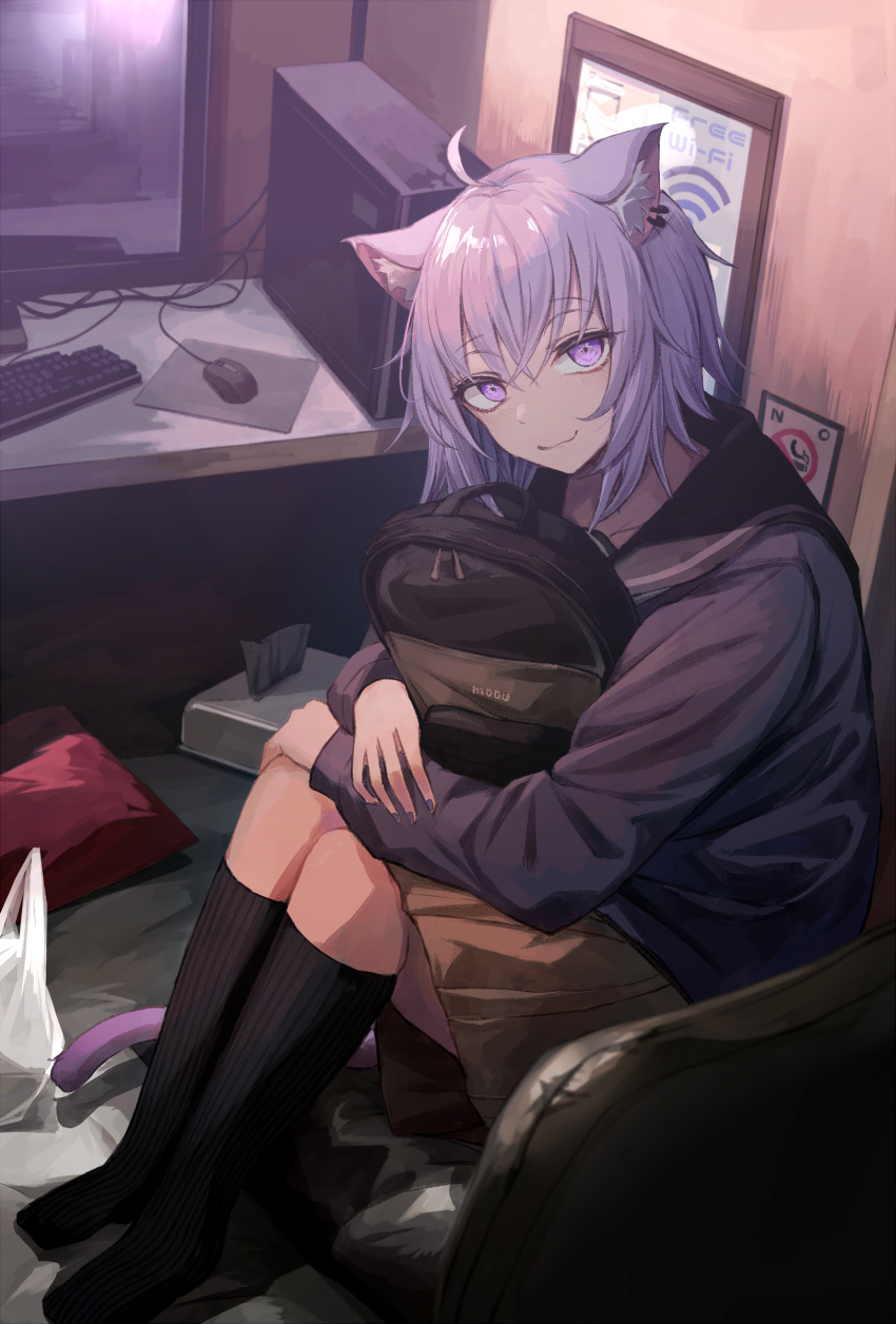 1girl, absurdres, ahoge, animal_ears, backpack, backpack_removed, bag, black_legwear