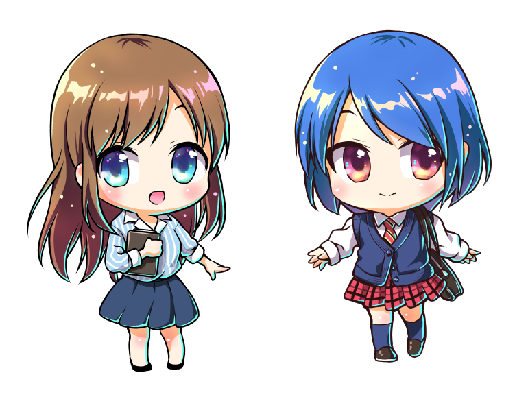 2girls, bangs, black_footwear, blue_hair, blue_legwear, brown_footwear, brown_hair, chibi, collared_shirt, commentary, domestic_na_kanojo, dress_shirt, full_body, holding, komiyama_sato_(pensmiler), loafers, long_hair, long_sleeves, looking_at_viewer, miniskirt, multiple_girls, necktie, no_nose, open_mouth, parted_bangs, plaid, plaid_skirt, red_skirt, school_uniform, shiny, shiny_hair, shirt, shoes, siblings, sisters, skirt, smile, standing, striped, striped_shirt, tachibana_hina, tachibana_rui, vertical-striped_shirt, vertical_stripes, white_shirt