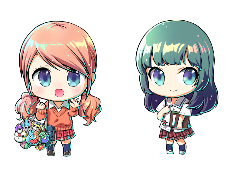 2girls, ashihara_miu, bag, bag_charm, bangs, blue_eyes, book, brown_footwear