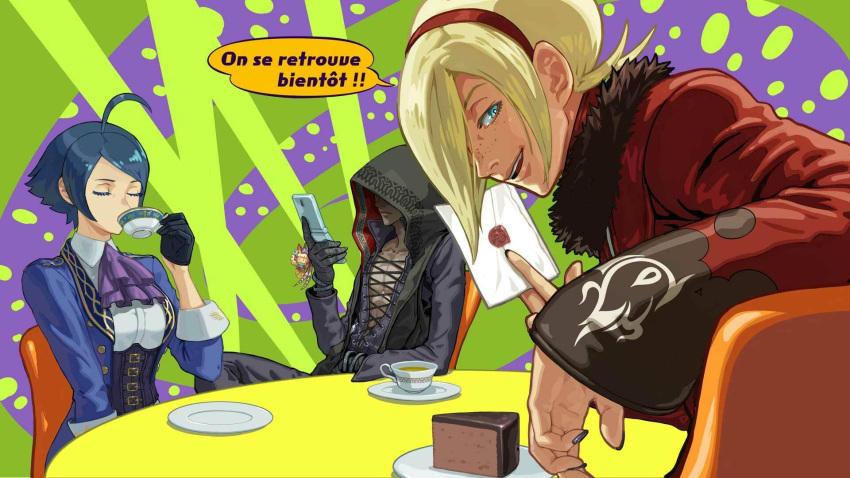 1girl, 2boys, ash_crimson, blonde_hair, blue_hair, corset, cup, drinking, elisabeth_blanctorche, french_text, fur_trim, highres, hood, hoodie, kukri_(kof), multiple_boys, official_art, ogura_eisuke, sitting, the_king_of_fighters, the_king_of_fighters_xv