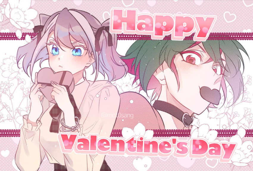 1boy, 1girl, alternate_costume, blue_eyes, bracelet, chocolate, chocolate_heart, choker, couple, eyes_in_shadow, food, green_hair, green_pants, hand_holding, happy_valentine, hiiragi_yuzu, jewelry, mot0sang, multicolored_hair, necktie, pants, pink_hair, pleated_skirt, red_hair, red_neckwear, red_shirt, red_skirt, sakaki_yuuya, shirt, short_hair, short_sleeves, skirt, sleeveless, smile, spiky_hair, traditional_media, twintails, valentine, yu-gi-oh!, yu-gi-oh!_arc-v, yuu-gi-ou, yuu-gi-ou_arc-v