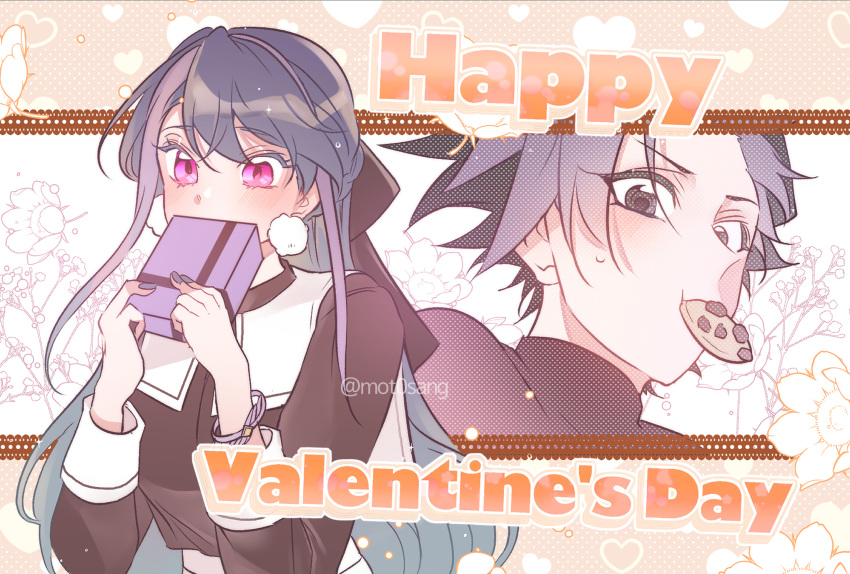 1boy, 1girl, alternate_costume, belt, black_hair, black_jacket, black_pants, blue_eyes