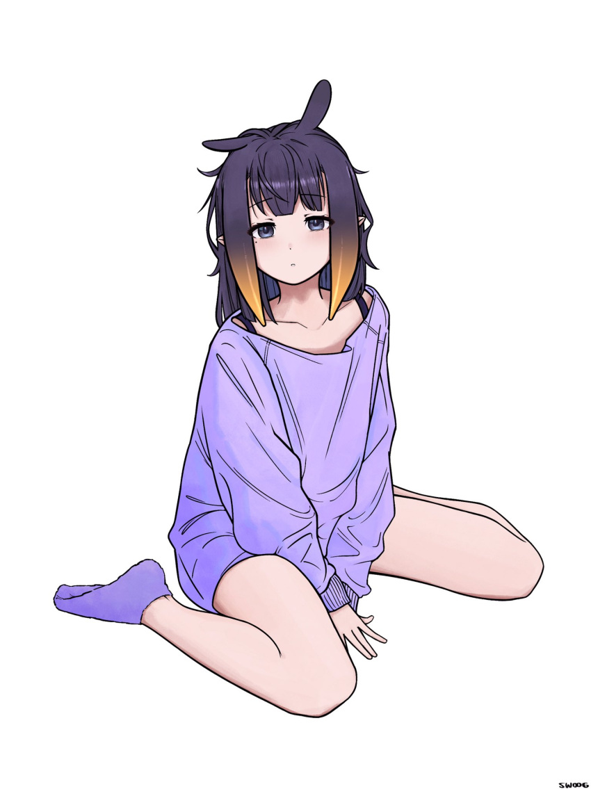 1girl, alternate_costume, animal_ears, artist_name, bags_under_eyes, bare_legs, between_legs, black_eyes