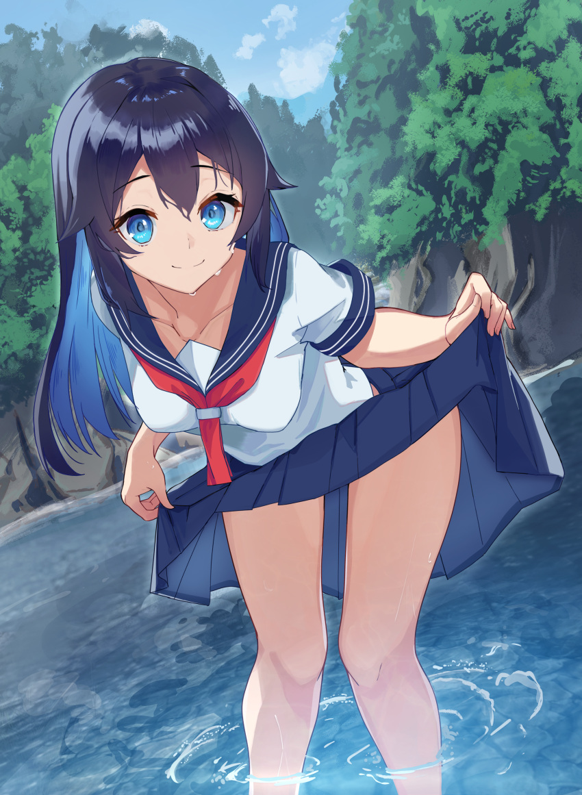 1girl, absurdres, bangs, black_hair, blue_eyes, blue_hair, blue_sailor_collar, blue_skirt