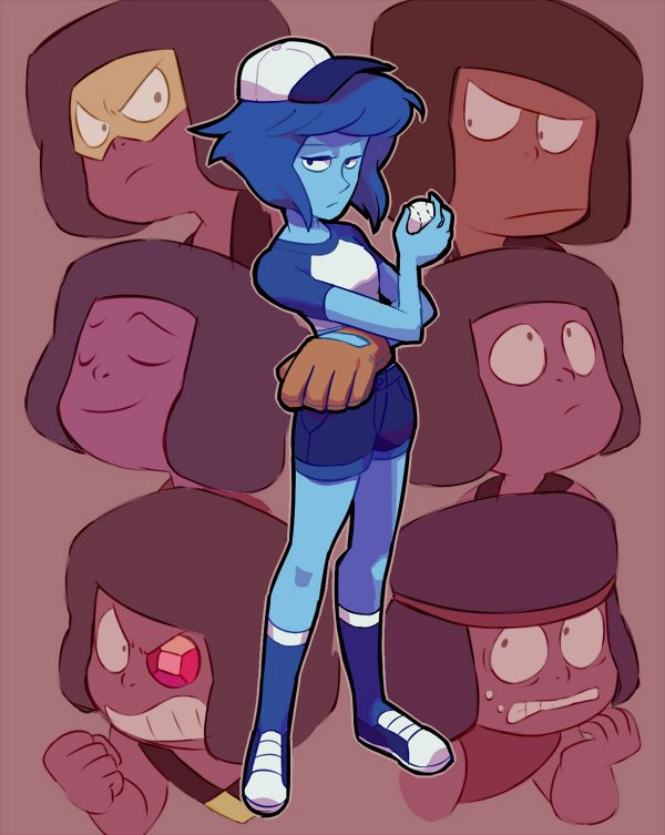 baseball, baseball_mitt, blue_eyes, blue_hair, blue_skin, breasts, closed_eyes, closed_mouth
