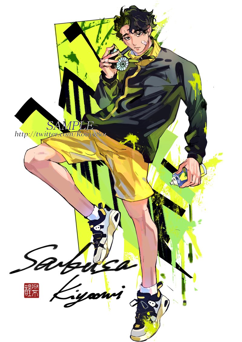1boy, ankle_socks, bandaid, bandaid_on_face, bangs, black_hair, character_name, full_body