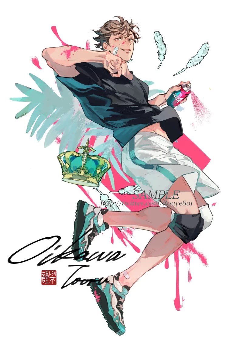 1boy, bandaid, bandaid_on_face, bandaid_on_leg, bangs, black_shirt, brown_eyes, brown_hair, character_name, crown, feathers, full_body, gym_shorts, haikyuu!!, hip_bones, knee_pads, looking_at_viewer, male_focus, midriff_peek, oikawa_tooru_(haikyuu!!), paint_splatter, paint_splatter_on_face, palm_leaf, raised_eyebrow, rouye801, shirt, shoes, short_hair, short_sleeves, shorts, signature, smile, smug, sneakers, solo, sportswear, spray_can, spray_paint, t-shirt, thighs, twitter_username