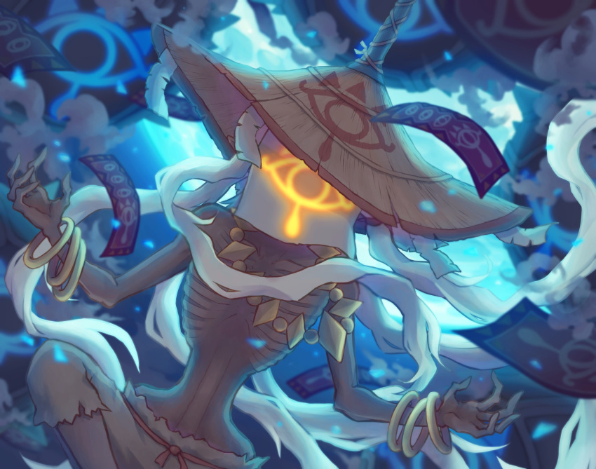 agisato, bracelet, hat, highres, jewelry, long_hair, mask, monk_maz_koshia, moon, mummification_(non_bound), necklace, sheikah, spell_tag, straw_hat, the_legend_of_zelda, the_legend_of_zelda:_breath_of_the_wild, very_long_hair, white_hair