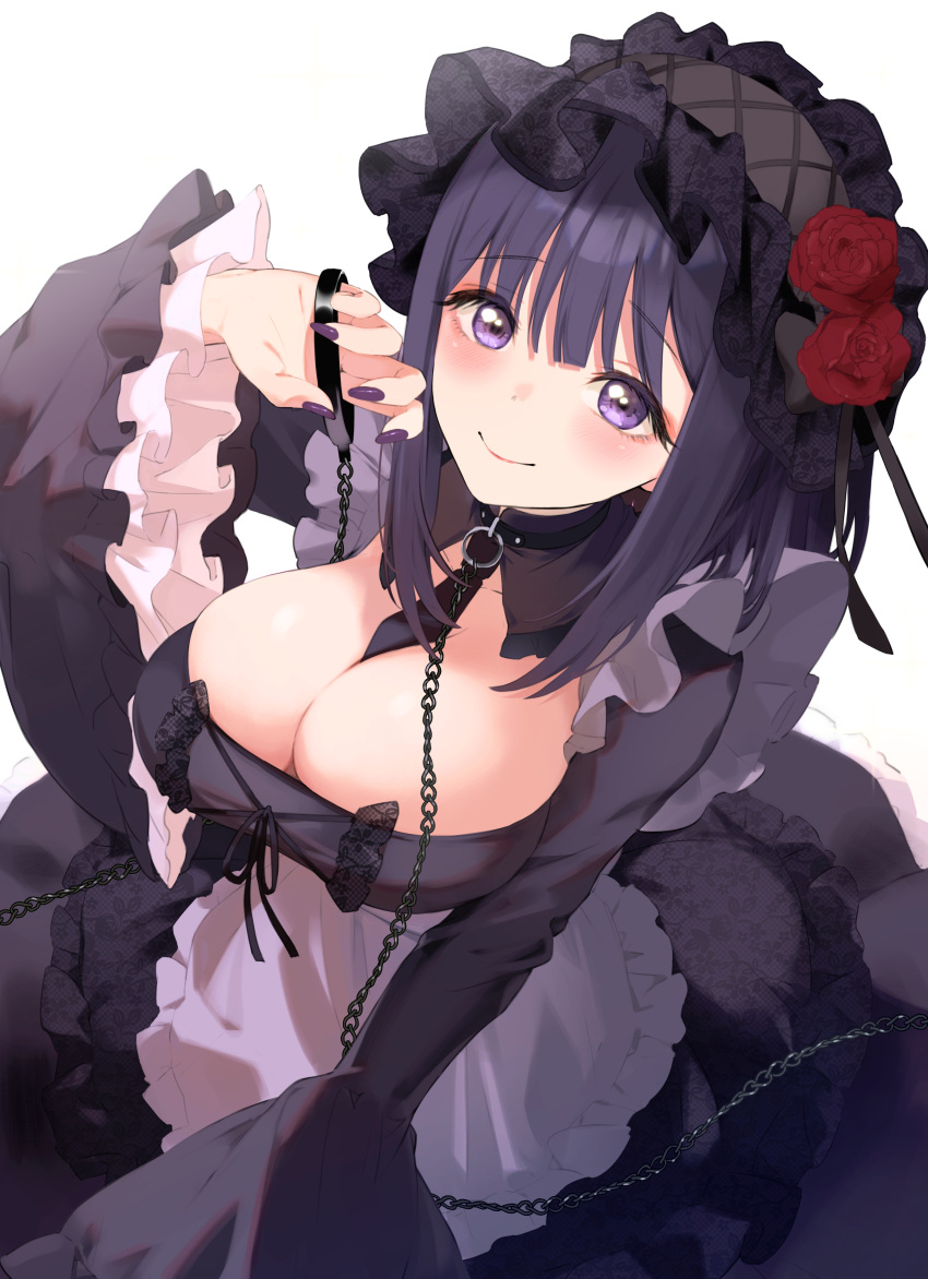 1girl, absurdres, apron, arm_up, blush, breasts, chain, collar
