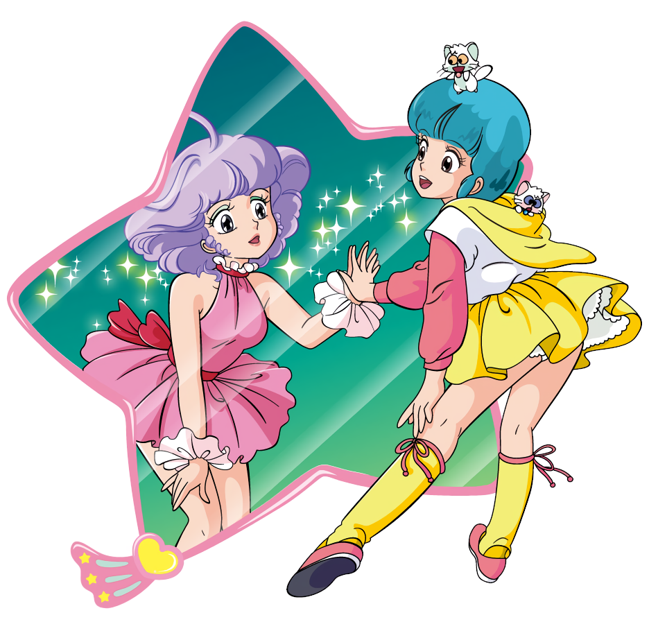 1980s_(style), 2girls, animal_on_head, blue_hair, cat, creamy_mami, dress, hood