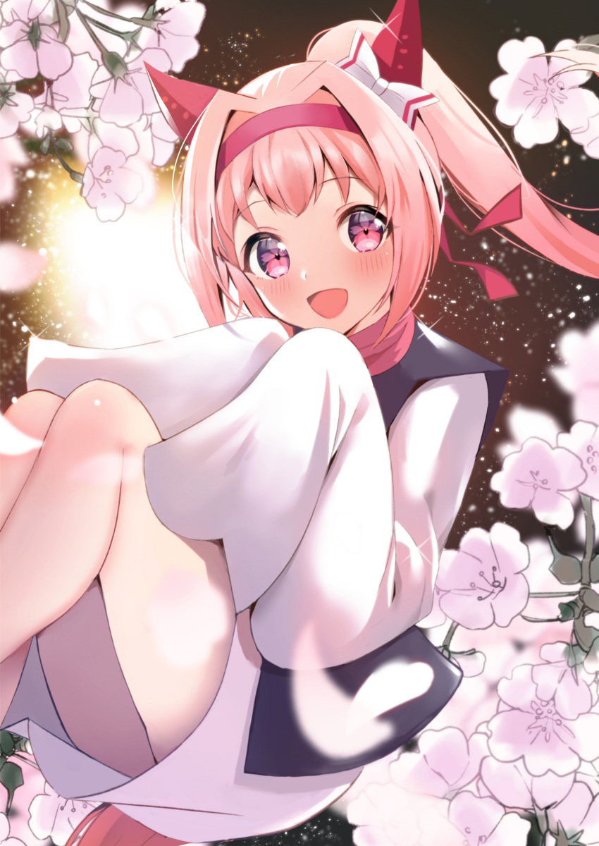 1girl, absurdres, animal_ears, ash_blossom_&amp;_joyous_spring, ash_blossom_&amp;_joyous_spring_(cosplay), blush, cherry_blossoms, commentary_request, cosplay, flower, haru_urara_(umamusume), headband, highres, horse_ears, horse_girl, long_hair, long_sleeves, looking_at_viewer, open_mouth, petals, pink_eyes, pink_hair, ponytail, rei_(ilust9999), solo, thighs, umamusume