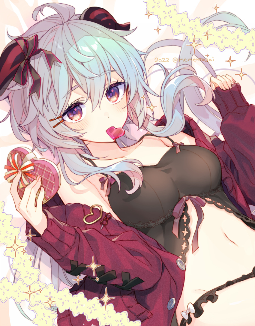 1girl, abstract_background, ahoge, alternate_costume, bangs, black_bow, black_chemise, black_panties