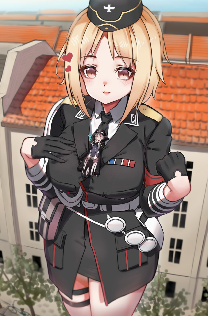 2girls, absurdres, black_gloves, black_headwear, black_jacket, black_necktie, black_skirt, blonde_hair