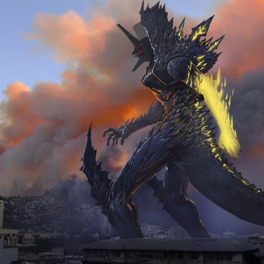 absurdres, bioluminescence, company_connection, creator_connection, crossover, eva_01, evangelion:_3.0+1.0_thrice_upon_a_time, fusion, giant, giant_monster, glowing_arm, godzilla, godzilla_(series), godzilla_(shin), highres, horns, kaijuu, kamen_rider, kamen_rider_1, kamen_rider_1_(shin), long_tail, mecha, mutant, neon_genesis_evangelion, no_humans, open_mouth, rebuild_of_evangelion, sharp_teeth, shin_godzilla, shin_kamen_rider, shin_ultraman, siku199, single_horn, spines, studio_khara, tail, teeth, toei_animation, toho_(film_company), trait_connection, tsuburaya_productions, ultra_series, ultraman, ultraman_(1st_series), ultraman_(shin)