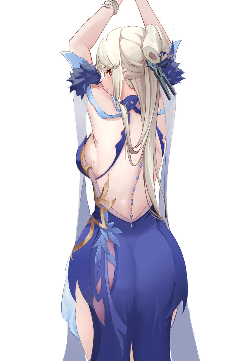 1girl, absurdres, arms_up, backboob, backless_dress, backless_outfit, baige0, blue_dress