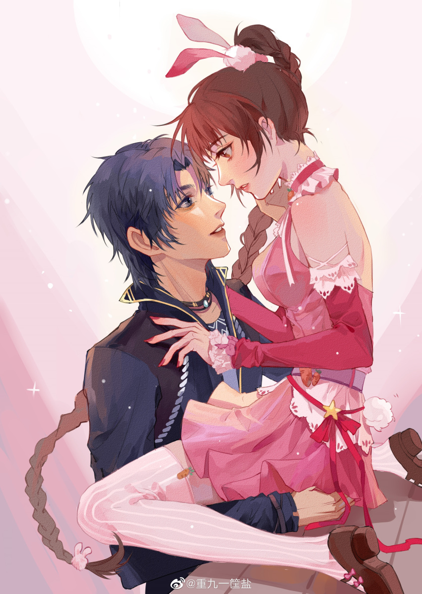 1boy, 1girl, absurdres, bare_back, bare_shoulders, blue_hair, braid, braided_ponytail