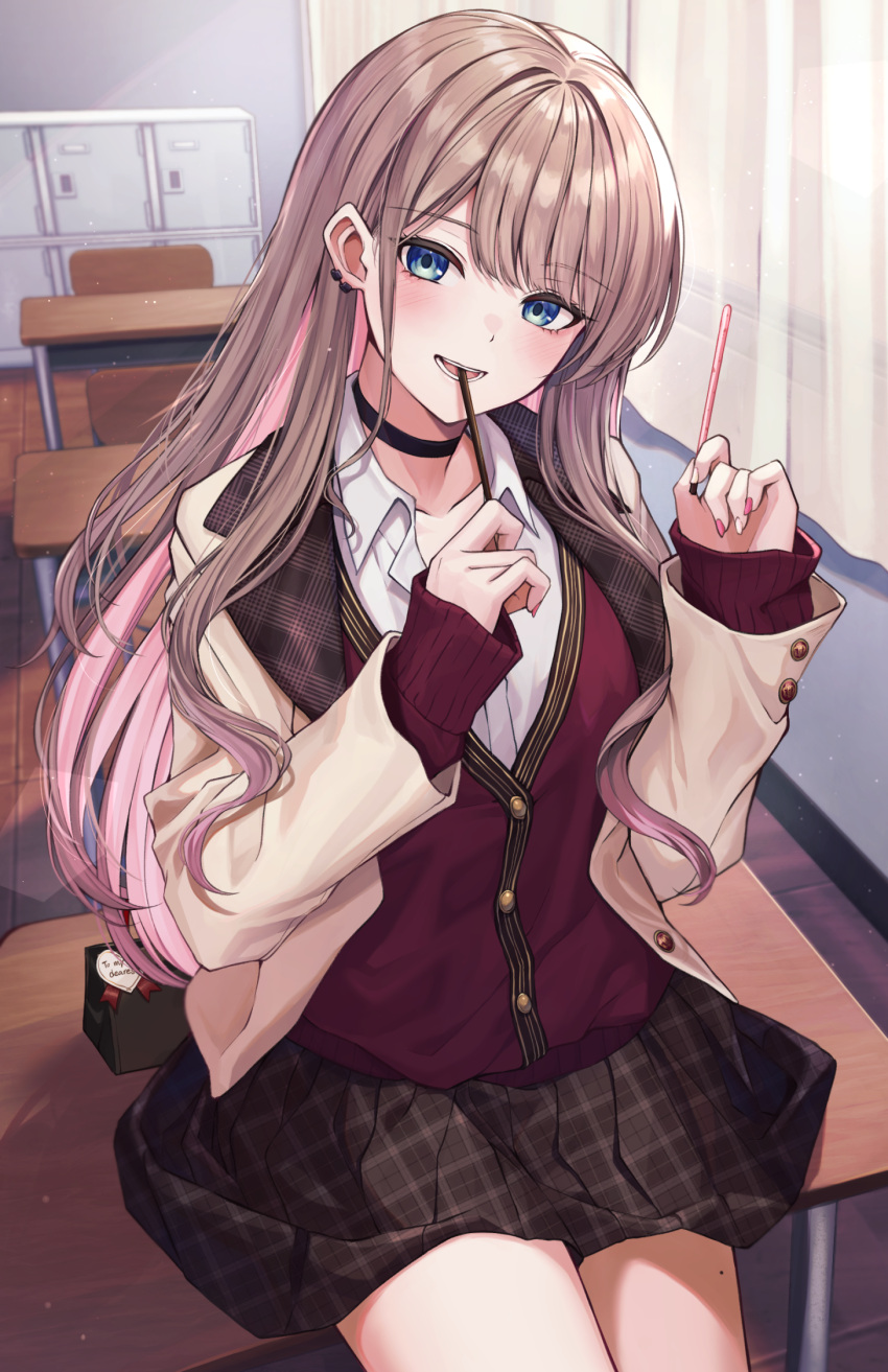 1girl, bangs, black_choker, black_skirt, blue_eyes, blush, brown_coat, brown_hair