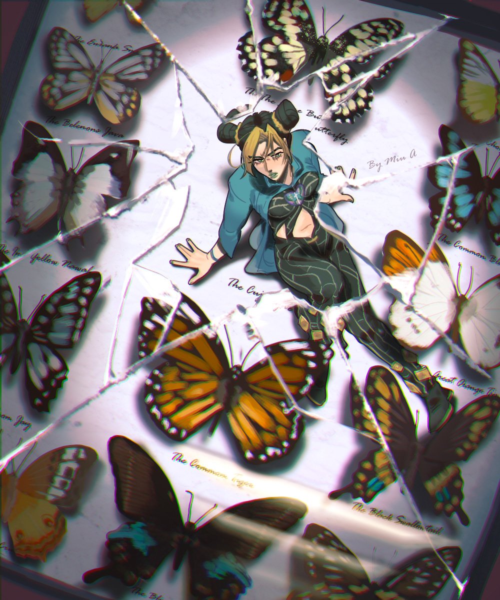 1girl, akira_yoru, arm_rest, black_hair, blonde_hair, broken_glass, bug, butterfly, double_bun, glass, green_eyes, green_lips, highres, jojo_no_kimyou_na_bouken, kujo_jolyne, long_coat, midriff, minigirl, multicolored_hair, sitting, solo, spider_web_print, stone_ocean, two-tone_hair